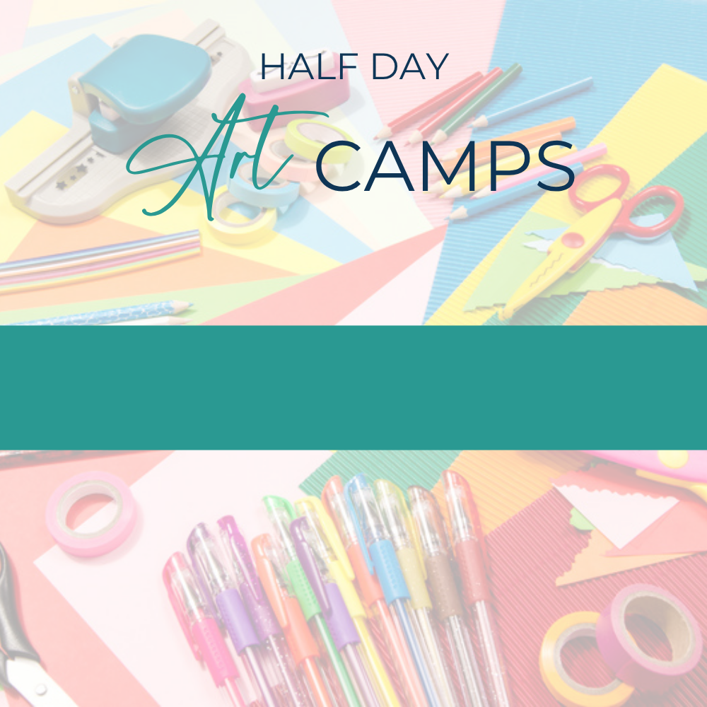 Half Day Art Camps card showing children's craft artwork